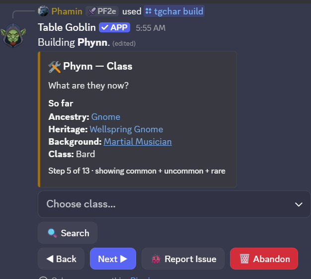 The class step of the character builder