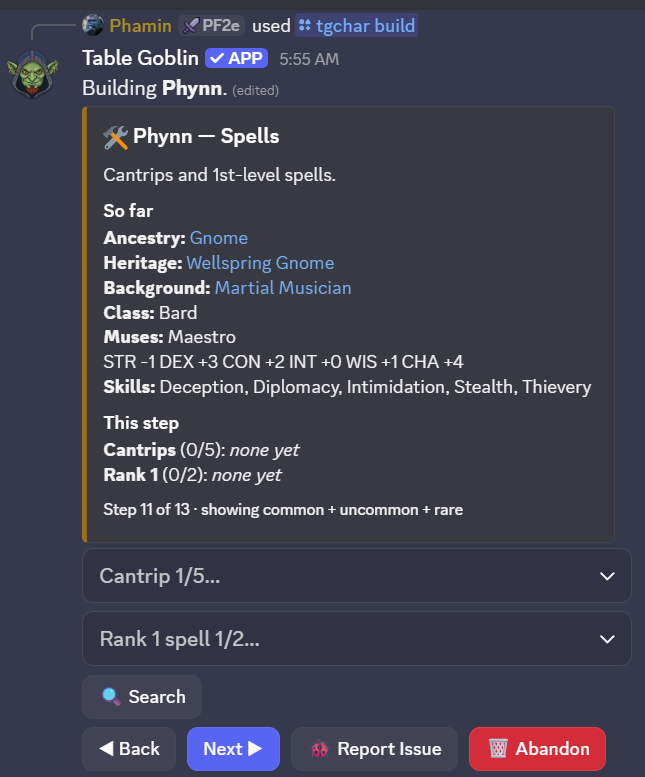 The spells step of the character builder