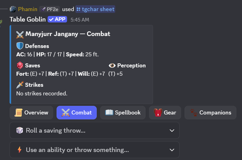 The Combat tab of a character sheet
