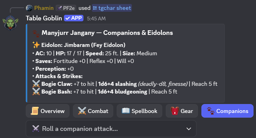 The Companions tab of a character sheet