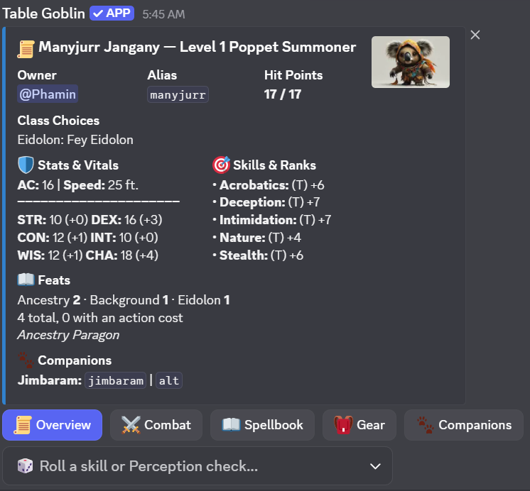 The Overview tab of a character sheet