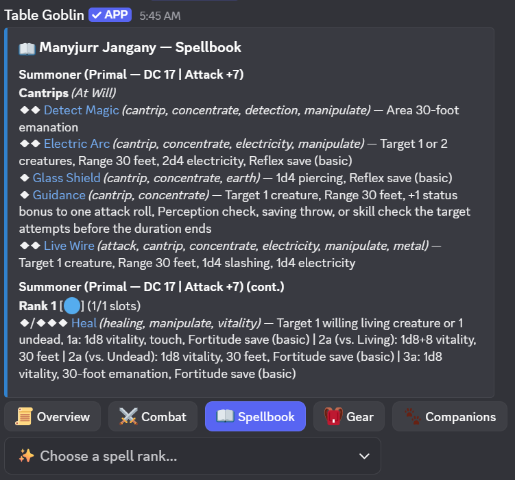 The Spellbook tab of a character sheet